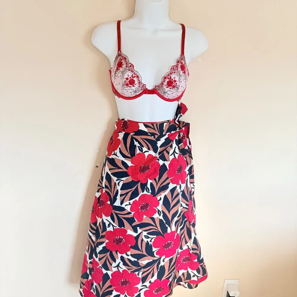 Kate Spade New York Red Floral Midi Wrap‎ Tie Skirt Poppy Fields Print A-Line 2